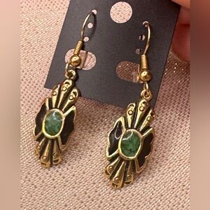 Brass colored Aztec inspired fashion dangle earrings w/ green enamel
